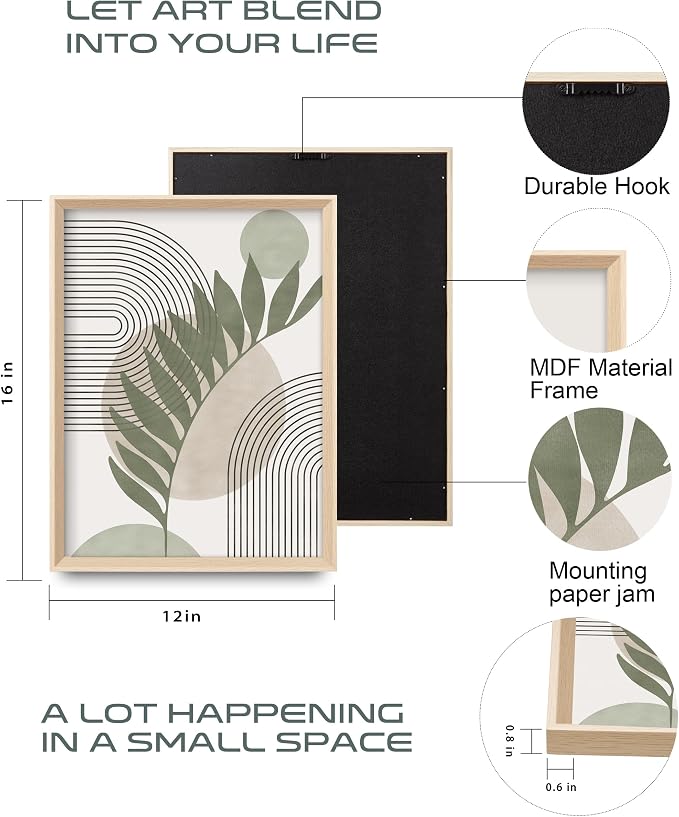 Boho Sage Green Framed Wall Art, Abstract Canvas Prints | 12x16IN Set of 3,High Framed Design Canvas Prints,Minimalist Green Abstract Wall Decor for Living Room Bedroom Gallery Office