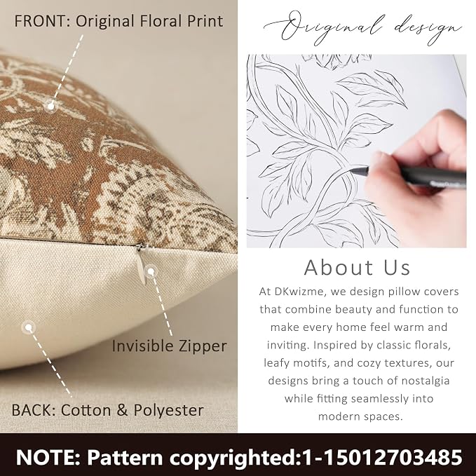 Vintage Floral Print Throw Pillow Covers 22x22 Set of 2 Neutral Modern Farmhouse Accent Decorative Cushion Covers Boho Home Decor for Couch Sofa Chair Bed Living Room, Cognac