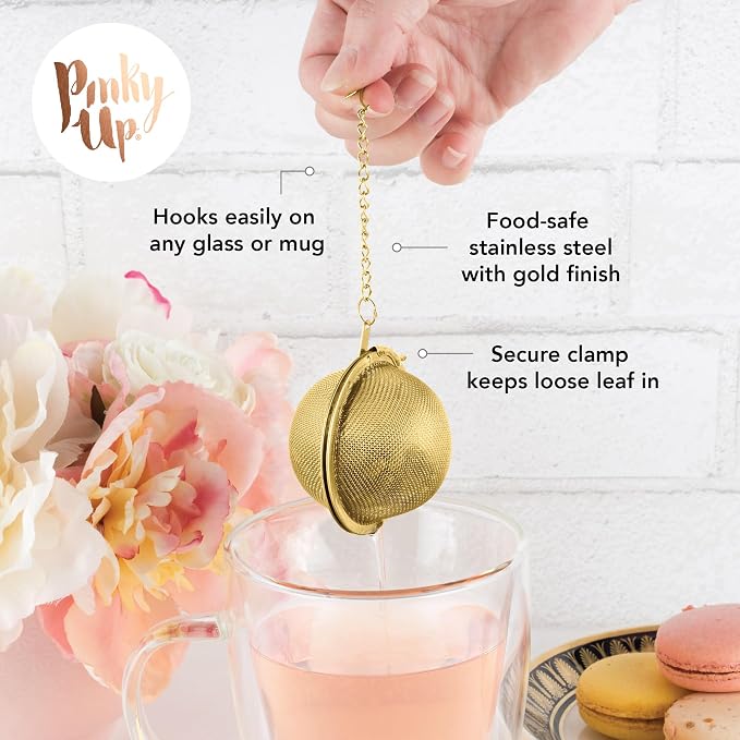 Pinky Up Gold Metal Ball Tea Infusers for Loose Tea - Stainless Steel Mesh Tea Diffuser, Gold Strainer Tea Steeper, Tea Accessories - Set of 1, Gold