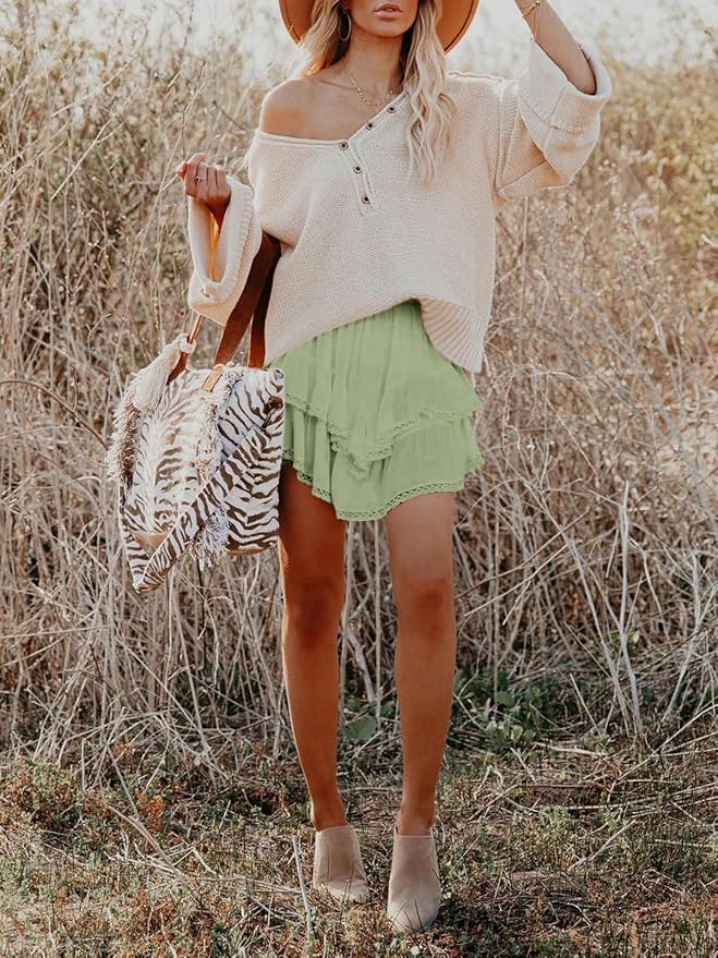 Flowy Shorts for Women Casual Boho Ruffle Tiered Skorts High Waist Mini Skirts Golf Tennis Crochet Shorts