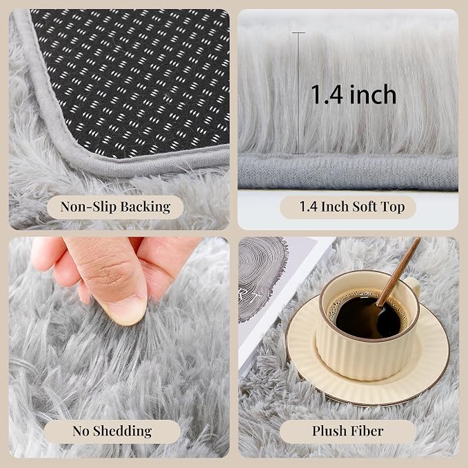 Area Rug for Living Room Bedroom: 9x12 Light Grey Soft Fluffy Shag Upgrade Non-Slip High Pile Carpet Large Fuzzy Plush Indoor Floor Decor Shaggy Rug for Kid Boys Girls Playroom Nursery Modern Home