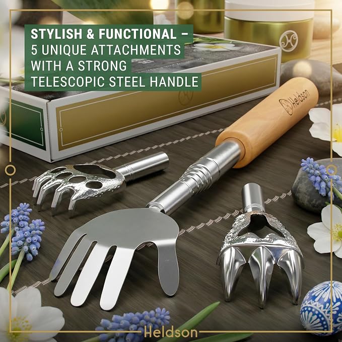 HELDSON® Back Scratcher Extendable [5 Scratching Heads] - Retractable Stainless Steel Scratchers - Telescopic Backscratchers for Adults - Metal Bear Claw Backscratcher Stick - Gifts for Men and Women