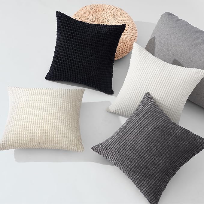 Topfinel 4 Packs Black and WhiteDecorative Throw Pillow Covers 22x22 Inch for Living Room Couch Bed Sofa, Boho Western Farmhouse Home Decor, Square Soft Moss Corduroy Fall Cushion Case 55x55 cm