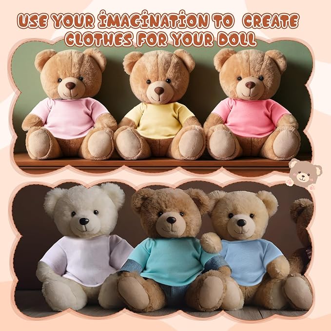 Skylety 6 Pcs Bear Clothes Basic Tee Shirt Classic Stuffed T Shirt Plush Crew Neck for Stuffed Bears Doll with 14 - 18 Inch, Bear Not Included(Multicolor)