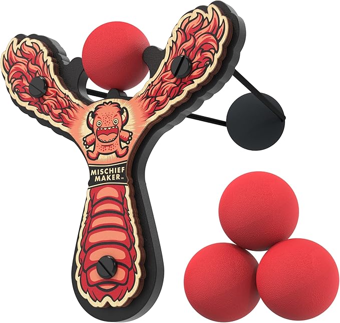 Mischief Maker® Wooden Slingshot - Lil’ Monster Series - Real Wood Slingshot for Kids, 4 Soft Foam Balls and Storage Bag - Ages 4+ (red)