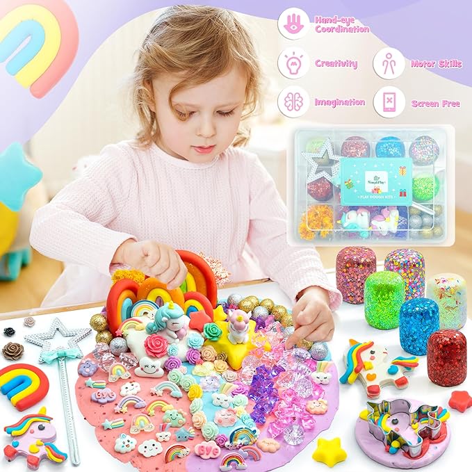 SIMPLIPLAY Unicorn Sensory Dough Kit, 6PCS 18oz Glitter Doughs with Accessories(120 Pcs+), Non-Toxic Colorful Sensory Dough for Girls Gift with Cutter, Unicorn Toys, Improve Fine Motor Skills