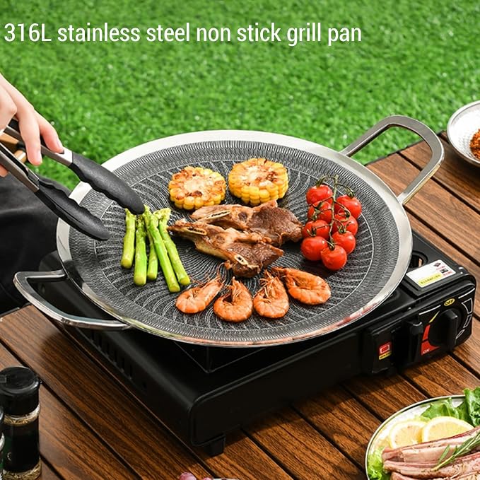 Korean BBQ Grill, Round Stainless Steel Non Stick Coating Grill Pan with 2 Handles for Induction, Gas, Halogen, Electric Ceramics, Korean Frying Pan for Indoor Outdoor Camping