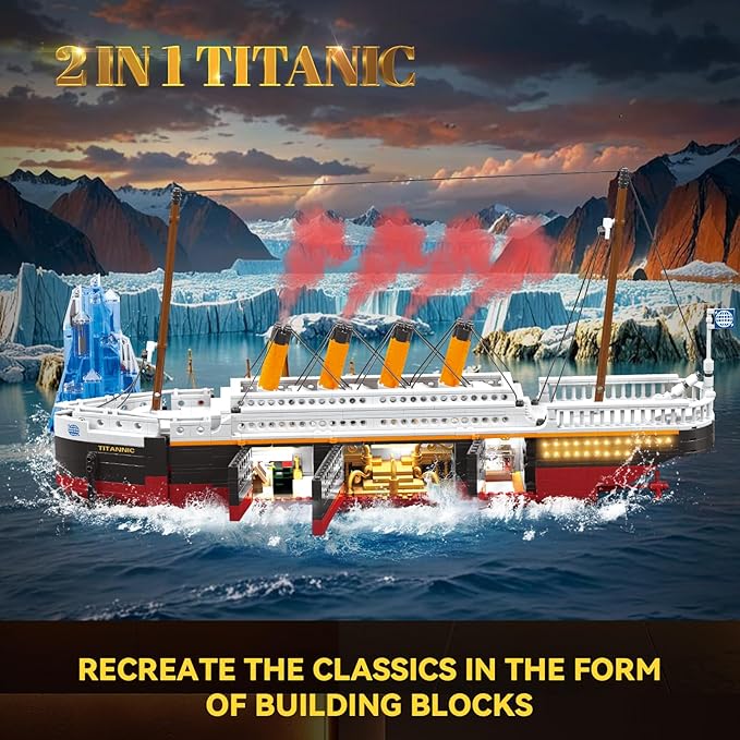 2 in 1 Titanic Building Set, Titanic Big Ship Model Building Kit with Lights Bricks and Glacier, Compatible with Lego for Adults Men, 1928 Pieces STEM Construction Toy for Kids Teens Boys Ages 8-14+