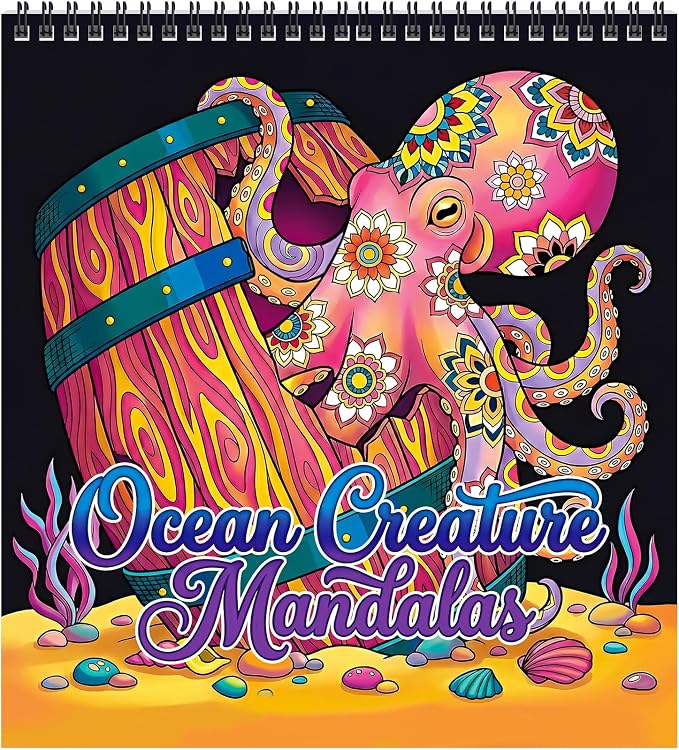 FUNLAVIE Adult Coloring Book - Ocean Animal Mandala Designs for Adults Relaxation and Teens Stress Relief, Spiral Bound Mindfulness Coloring Book for Women, Ocean Creature Mandalas and Patterns