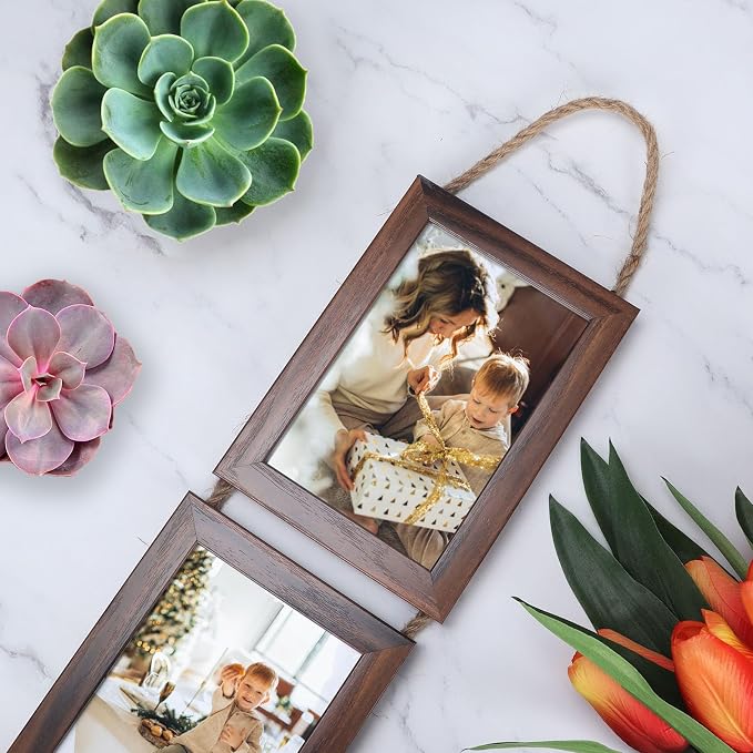 QUTREY 4x6 Picture Frames Collage, 6 Openings Wall Hanging Photo Frame Set of 2 Display 4 by 6 inch Vertical Pictures Frame, Rustic Walnut Brown