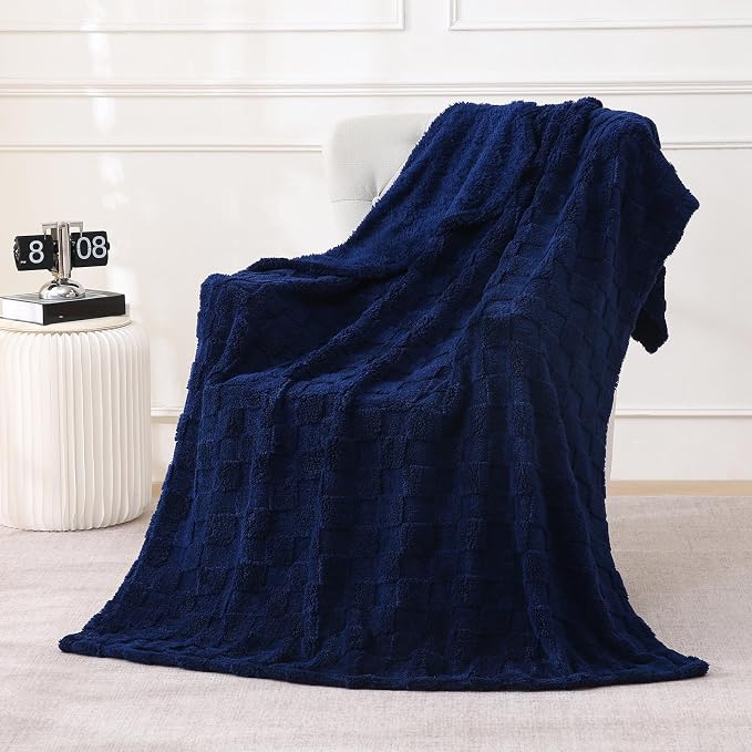 Navy Blue Fleece Throw Blanket 50”×60”Checkered Design for Couch | Super Soft Cozy Plush Microfiber 3D Square Pattern Flannel Blanket for Sofa Bed Lightweight for Adults,Women