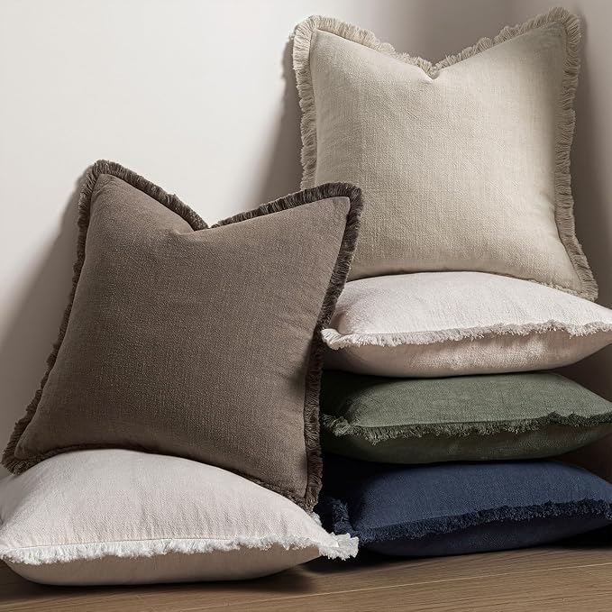 MIULEE Boho Linen Fringe Decorative Fall Throw Pillow Covers Coffee 20x20 | Set of 2, Cottagecore Decor, Boho Farmhouse Neutral Pillow Covers, Rustic Fall Couch Cushion Cases for Sofa Bed Living Room