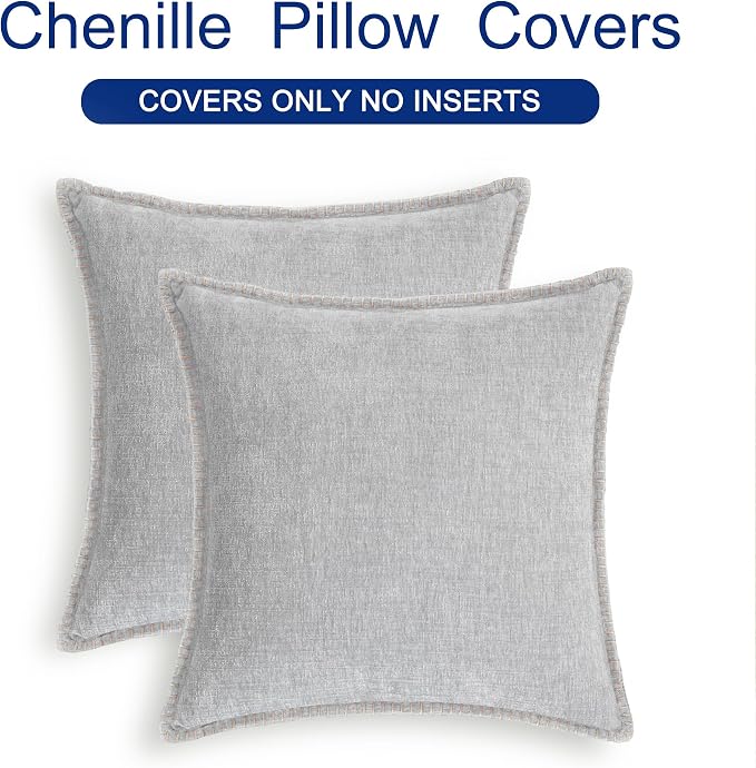 CaliTime Decorative Couch Throw Pillow Covers 18 X 18 Inches Moonbeam Gray | Pack of 2, Cozy Chenille Cushion Cases, Cotton Thread Stitching Edges, for Sofa Bed Living Room Farmhouse