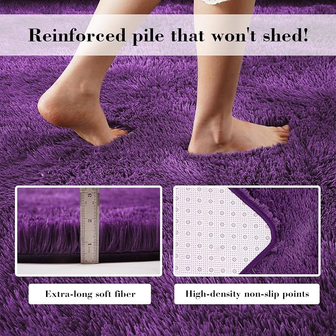 Purple Fluffy Rug Shag Area Rug, 6x9 Area Rugs for Girls Bedroom, Big Soft Shag Bedside Non-Slip Plush Dorm Carpet Home Decor Aesthetic