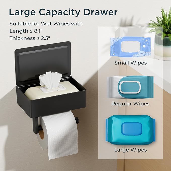 FORIOUS Toilet Paper Holder with Shelf, Sanitary Napkin Receptacle Tampon Holder, Wall Mount Toilet Paper Holder with Storage, Flushable Wipes Dispenser Fits for Bathroom Commercial(1, Matte Black)