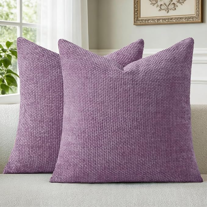 a moment Purple Chenille Throw Pillow Covers 16x16 Inch Pack of 2 Modern Decorative Throw Pillow Covers Farmhouse Cross Covers Home Decor for Sofa Bedroom Living Room