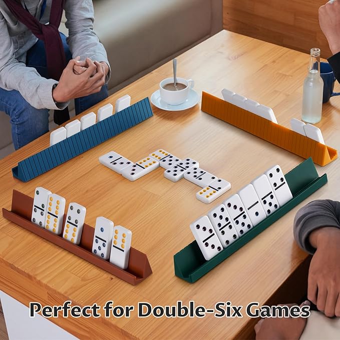 Double 6 Dominos Set for Adults with 28 Tiles 2x1x0.28 Inches & 4 Silicone Domino Racks 10x1.18x1.18 Inches (Large-1)