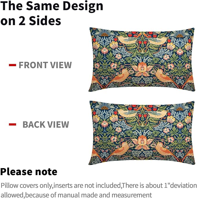 Chinoiserie Blue Sage Green Pimpernel Lumbar Pillow Covers 12X20 in Set of 2 Strawberry Floral Bird Colorful Pillow Cases Vintage Art Flower Pillow Modern Home Decor for Couch Patio Porch