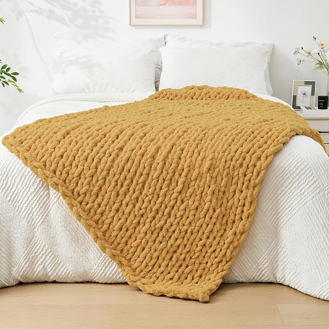 Bigacogo Chunky Knit Throw Blanket for Couch, 40x60 inches, Mustard Yellow | Hand Knit with Jumbo Chenille, Soft Breathable Cable Knit for Sofa Bed Living Room, Machine Washable, Gift for Mom Friend