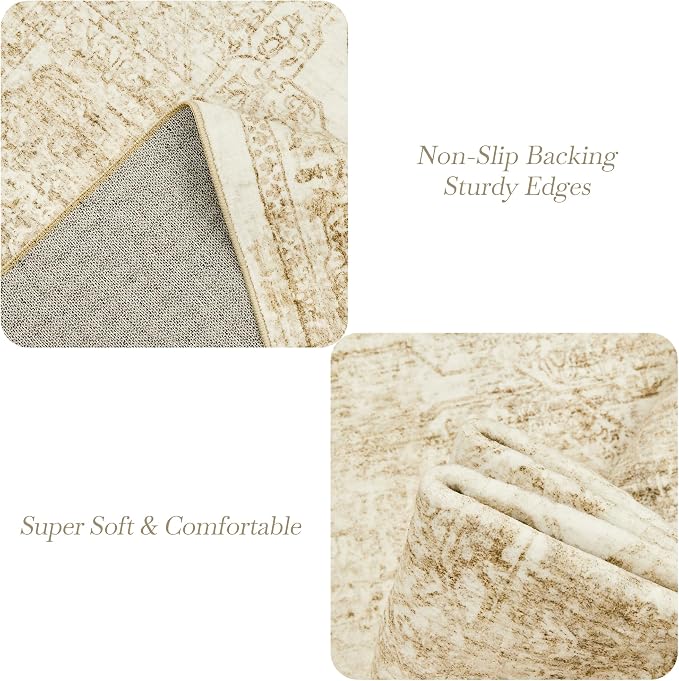 Soalmost Washable Area Rug 10x14 Large Soft Living Room Rugs Beige/Ivory | Farmhouse Vintage Carpet Non-Slip for Dining Bedroom, Stain Resistant Low Pile Foldable Thin Floor Mat Under Table Home Decor
