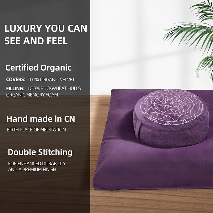 ellier Zafu & Zabuton Meditation Cushion Set - Buckwheat Hull & Memory Foam Pillows, Ergonomic Support for Yoga, Mindfulness - Organic Velvet Cover, Large Size, Purple