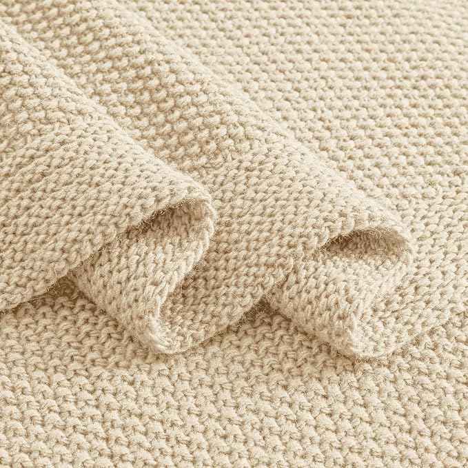 CozeCube Light Beige Seed Stitch Throw Blanket 60"x80", Farmhouse Decor | Blanket for Couch, Soft Cozy Cable Knit Throw for Bed Sofa Living Room, Lightweight Warm Decorative Christmas Blanket