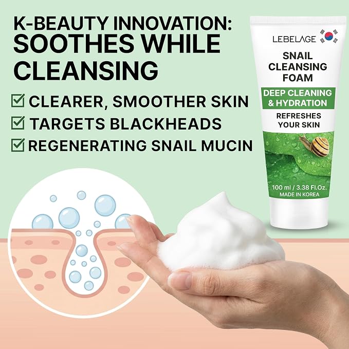 LEBELAGE Korean Snail Facial Cleanser 3.38 oz | Cleansing Foam Face Wash | Low pH Gentle Hydrating Daily Facial Cleanser Sensitive Skin | Deep Cleansing Foaming Cleanser, Pore Care-All Skin Types