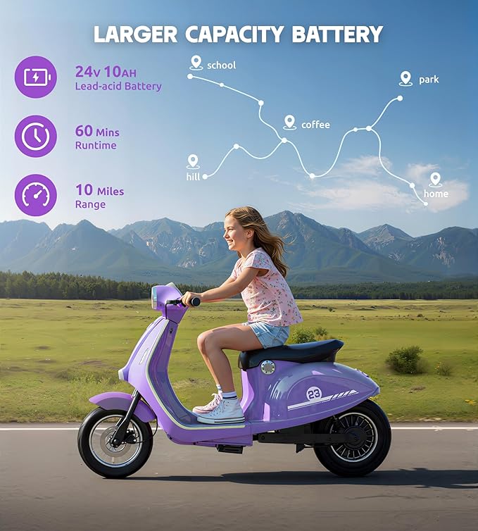 Kids Motorcycle, 2 Wheel Electric Motorcycle for Girls Ages 8-14, 24V Ride on Toys with Music, Story, Headlight, 3 Speed Options, Up to 60min Ride Time, for Riders up to 143 lbs, Easy Assemble, Purple