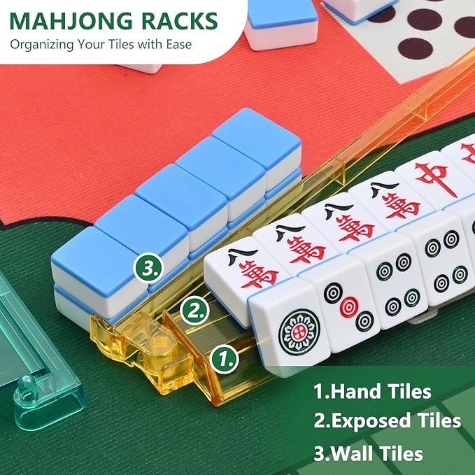Mahjong Racks with Pushers, All-in-One Mahjong Tile Pushers and Racks with 3 Dices, Modern American Tile Set of 4 (4 Colors)