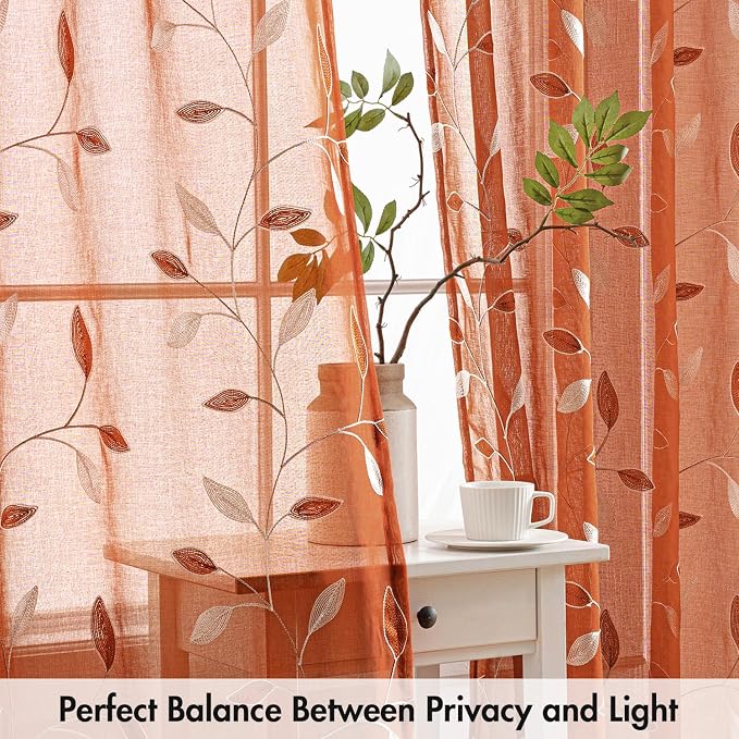MIULEE Terracotta Sheer Curtains 2 Panels Embroidered Leaf Patterned burnt Orange Rod Pocket Floral Semi Faux Linen Fall Window Curtains Drapes Set for Living Room Bedroom Dining Room, 52x96 Inch Long