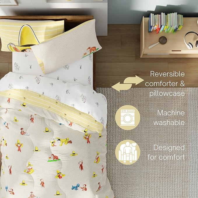 Curious George Bedding Set, Twin Size 5 Piece Set Kids Super Soft Cozy Reversible Comforter and Sheet Set with Sham, (100% Officially Licensed Product) by Franco