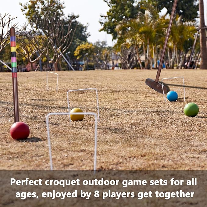SpeedArmis Deluxe 8 Players Croquet Set with 32In Regulation | 28In Standard Size Rubber Wood Mallets, Colored PE Ball, Wickets, 21In End Stakes - Lawn Backyard Game for Teens/Adults/Family