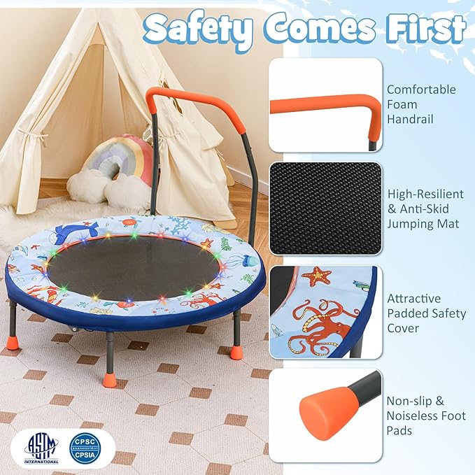GYMAX 36” Toddler Trampoline with Lights, Folding Springless ASTM Approved Small Kids Rebounder with Foam Handle, Safety Padded Cover & Foldable Legs, Mini Indoor Baby Trampolines