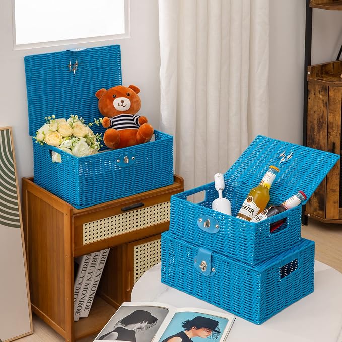 Set of 3 Woven Wicker Storage Basket Box with Lids & Lock, Built-in Carry Handles, Multifunctional Storage Organizer for Nursery, Baby, Clothes, Toys, Books, Large/Medium/Small Size (Blue)