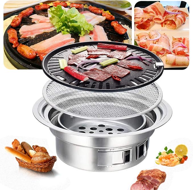 Korean BBQ Grill Charcoal, 15.7 inch Non-stick Stainless Steel Tabletop BBQ Grill Stove Portable Indoor Charcoal Grill Korean BBQ Table Korean Barbecue Grill for Outdoor Indoor Camping Picnic