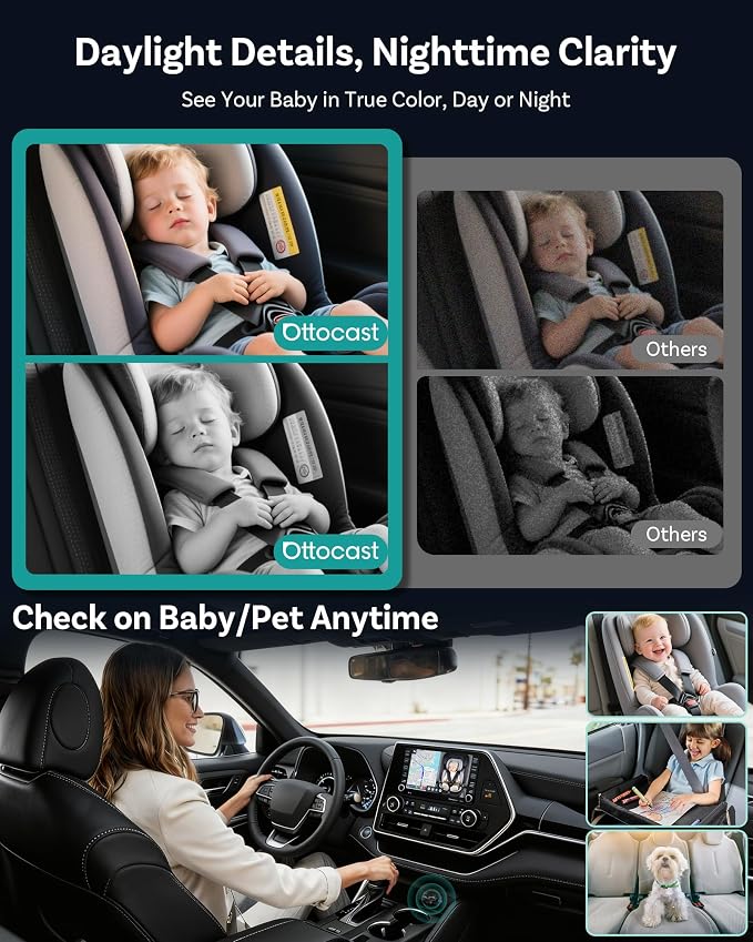 OTTOCAST Cabin Care Baby Car Camera with Wireless CarPlay, 1080P HD Rear Seat Monitor on Car Screen, No-Glow Night Vision, Split Screen Display, Safer Driving for Parents and Baby, 150° Wide Angle