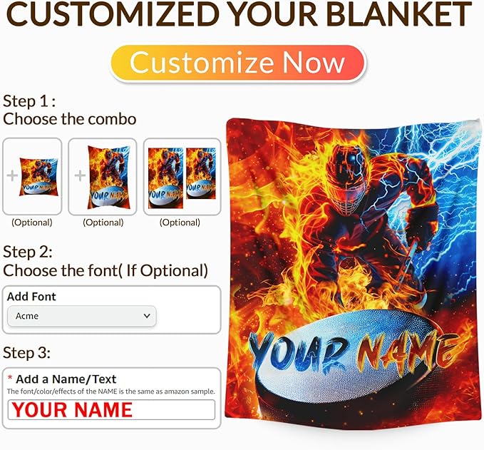Blanket for Boys Med Personalized Ice Hockey Throw Blankets Gift for Kids Adults Men Sport Lovers, 60x80 Inches All Season Lightweight Soft Custom Throw for Sofa Couch Bed Home Decor