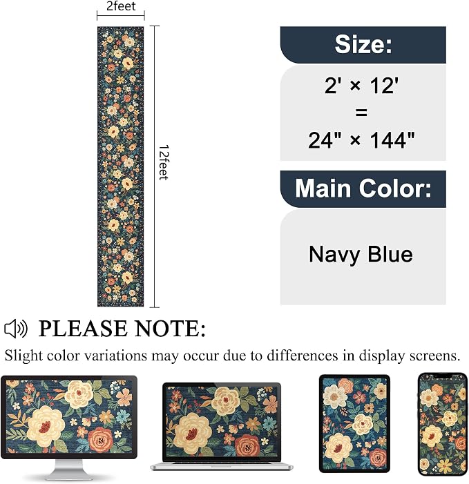 DUKINO 2x12 Washable Runner Rug, Non Slip Long Kitchen Rugs, Navy Blue | Floral, Low Pile, Soft Indoor Rug Runner for Hallway, Entryway, Bedroom, Bathroom, Laundry, Pet Friendly, Modern Home Decor