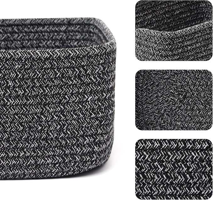 MiniArk Small Storage Baskets for Organizing | Closet Organizer Bins | Shelf Toy Basket | Woven Rope Baskets | Cube Decorative Box | Shallow Basket | 11.5x7.5x4.7” | 3 Packs Dark Gray