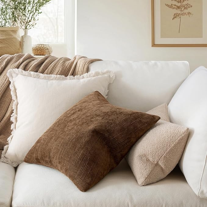 MIULEE 24x24 Inch Euro Textured Chenille Throw Pillow Covers Honey Brown | Pack of 2 Decorative Soft Throw Pillows,Solid Textured Cushion Covers,Modern Home Decor for Bed Couch Sofa Bedroom Livingroom