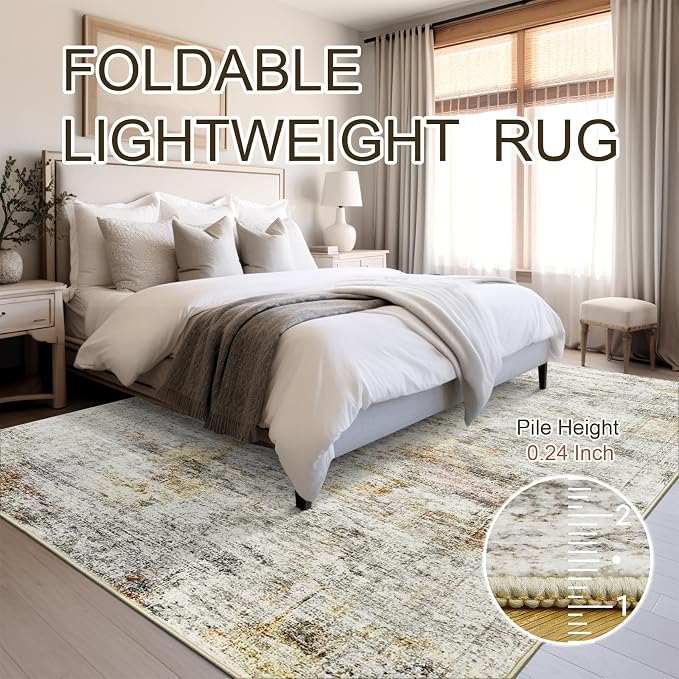 Soalmost 6x9 Area Rug for Living Room Washable Rugs Non-Slip Grey/Rust | Low-Pile Vintage Carpet for Dining Bedroom, Foldable Thin Stain Resistant Floor Mat Under Table Home Office Nursery Decor