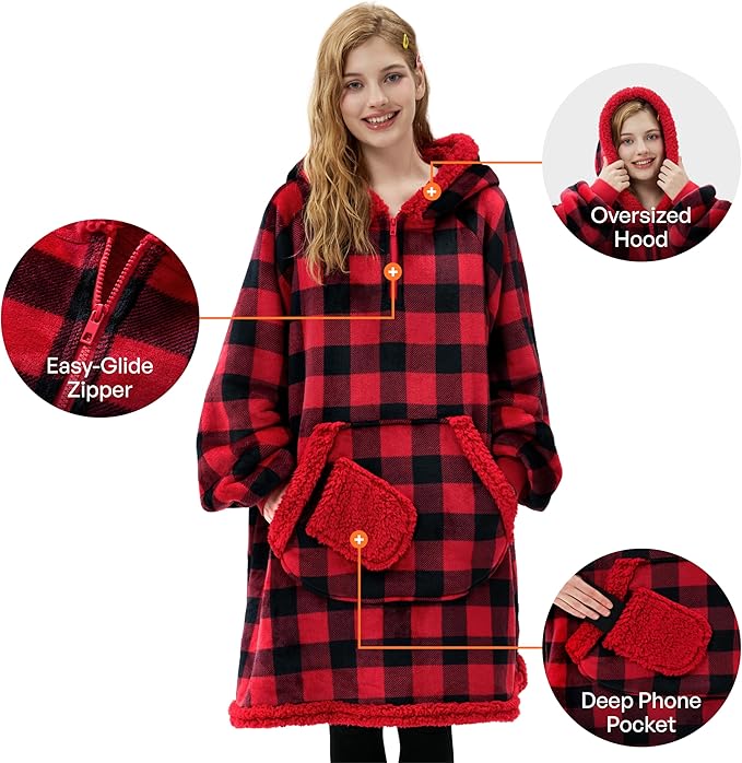 Giggling Getup Wearable Blanket Hoodie for Adults Gifts for Teen Girls Sister Women Sherpa Fleece Printed Hooded Blanket Sweatshirt Warm Cozy with Pocket & Sleeves Red and Black Plaid