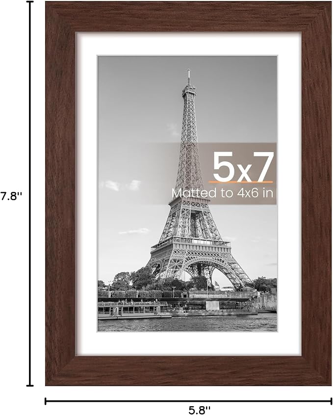 upsimples 5x7 Picture Frame, Display Pictures 4x6 with Mat or 5 x 7 Without, Wall Hanging Photo Frames, Brown, 1 Pack