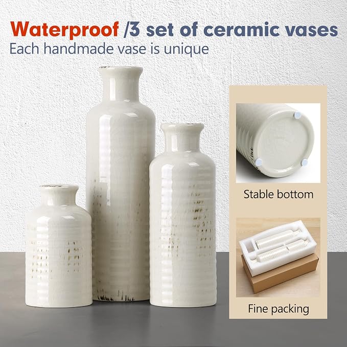 White Ceramic Vase Set of 3, Rustic Vase for Farmhouse Shelves Waterproof | Farmhouse Vases for Pampas Grass & Dried Flowers, Rustic Vase for Table Bookshelf, Living Room