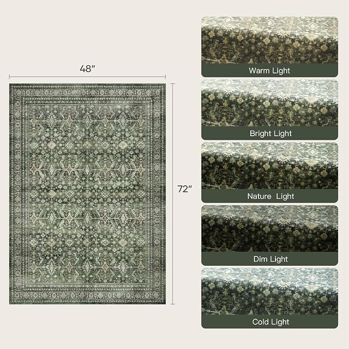 3x5 Area Rugs for Entryway, Green Washable Non-Slip Area Rug for Kitchen | Low Pile Soft Small Rugs, Vintage-Style Carpet for Bathroom Bedroom Tool Room, Stain Resistant Foldable Distressed Rug