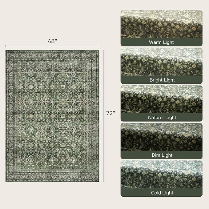 4x6 Area Rugs for Entryway, Green Washable Non-Slip Area Rug for Kitchen | Low Pile Soft Small Rugs, Vintage-Style Carpet for Bathroom Bedroom Tool Room, Stain Resistant Foldable Distressed Rug