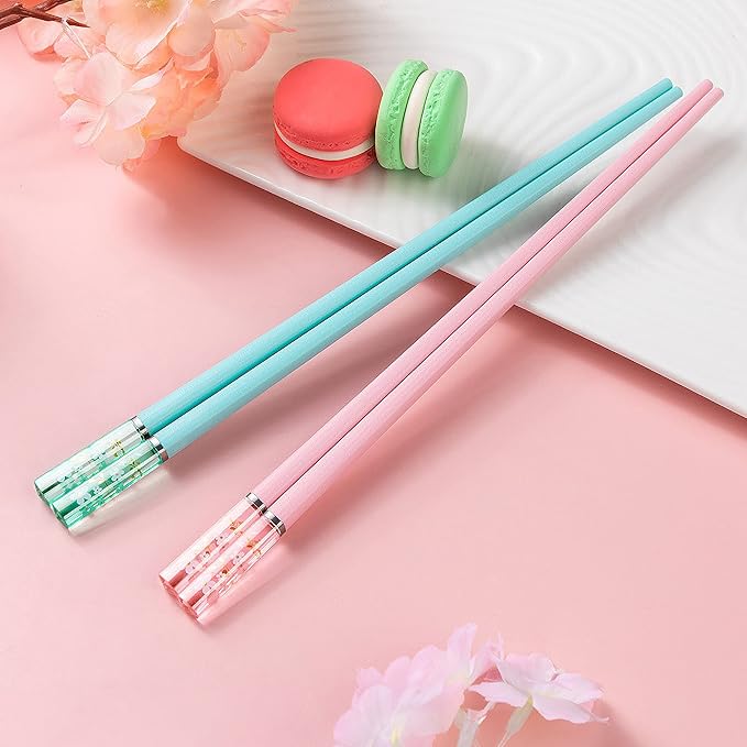 5 Pairs Amber Cherry Blossom Pattern Decoration Multicolor Fiberglass Chopsticks Japanese Korean Chopsticks Reusable Dishwasher Safe Yellow Pink Blue Green Purple