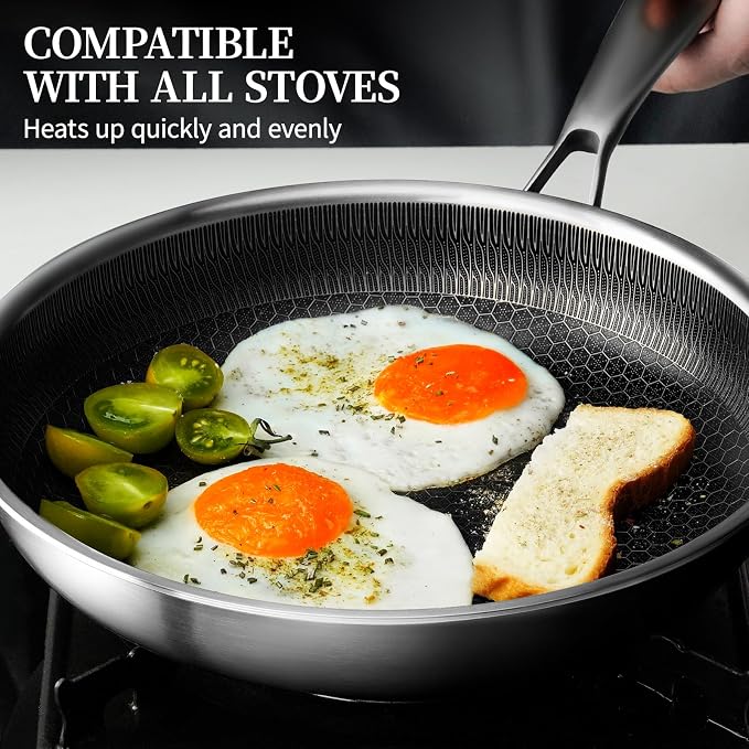 Stainless Steel Frying Pan with Lid - 9.5 Inch Nonstick Frying Pan with Lid, Honeycomb Stainless Steel Skillet Omelet Chef's Pan with Stay Cool Handle, Induction Compatible, PFOA Free | Honeycomb Hybrid Nonstick Skillet, Induction & Oven Safe, Stay-Coo...