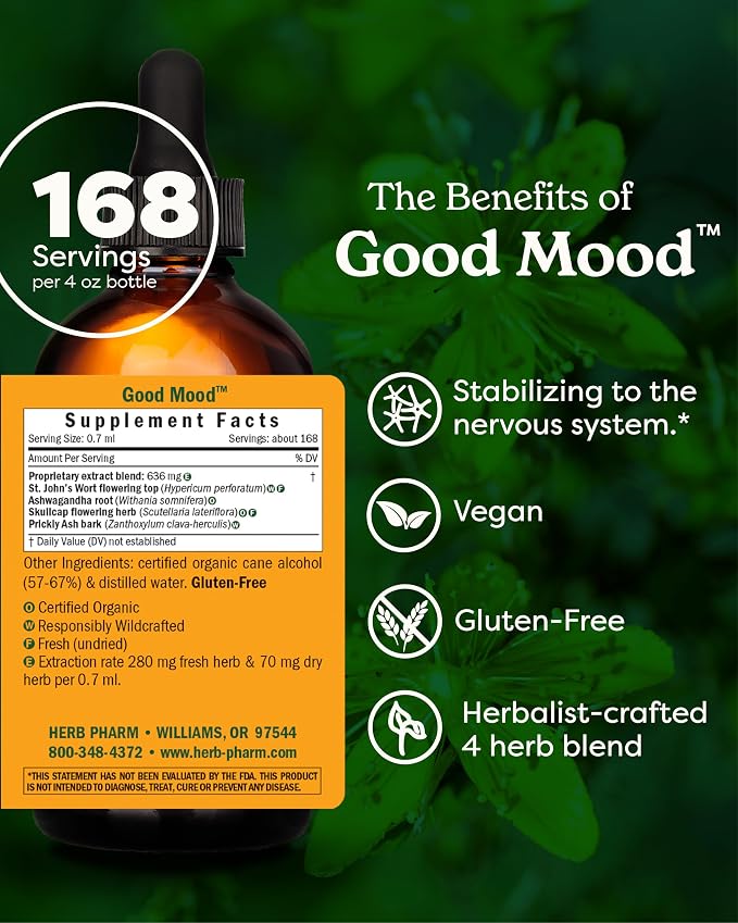Herb Pharm Good Mood Support Supplement: with St. John's Wort & Certified Organic Ashwagandha| Positive Mood & Emotional Balance Support Tincture| Fast-Absorbing, Non-GMO | Up to 8 Week Supply, 4 oz*