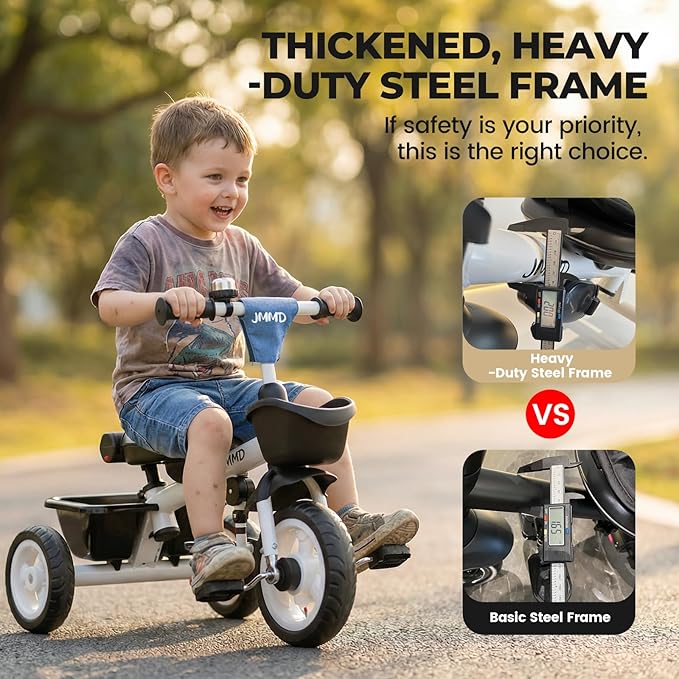 JMMD 7 in 1 Tricycle Stroller with Push Handle, Baby Trike with 360° Swivel Seat, Reclining Backrest, All-Terrain Wheels, Dual Brakes, Canopy & Storage, Gift for Kids 18 Months to 5 Years, Blue